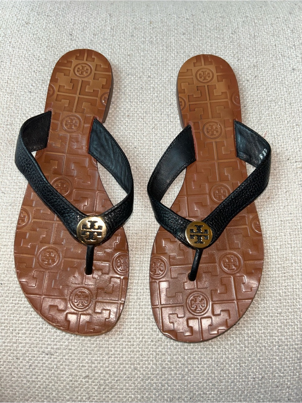 Tory Burch Black Leather Logo Thong Sandals